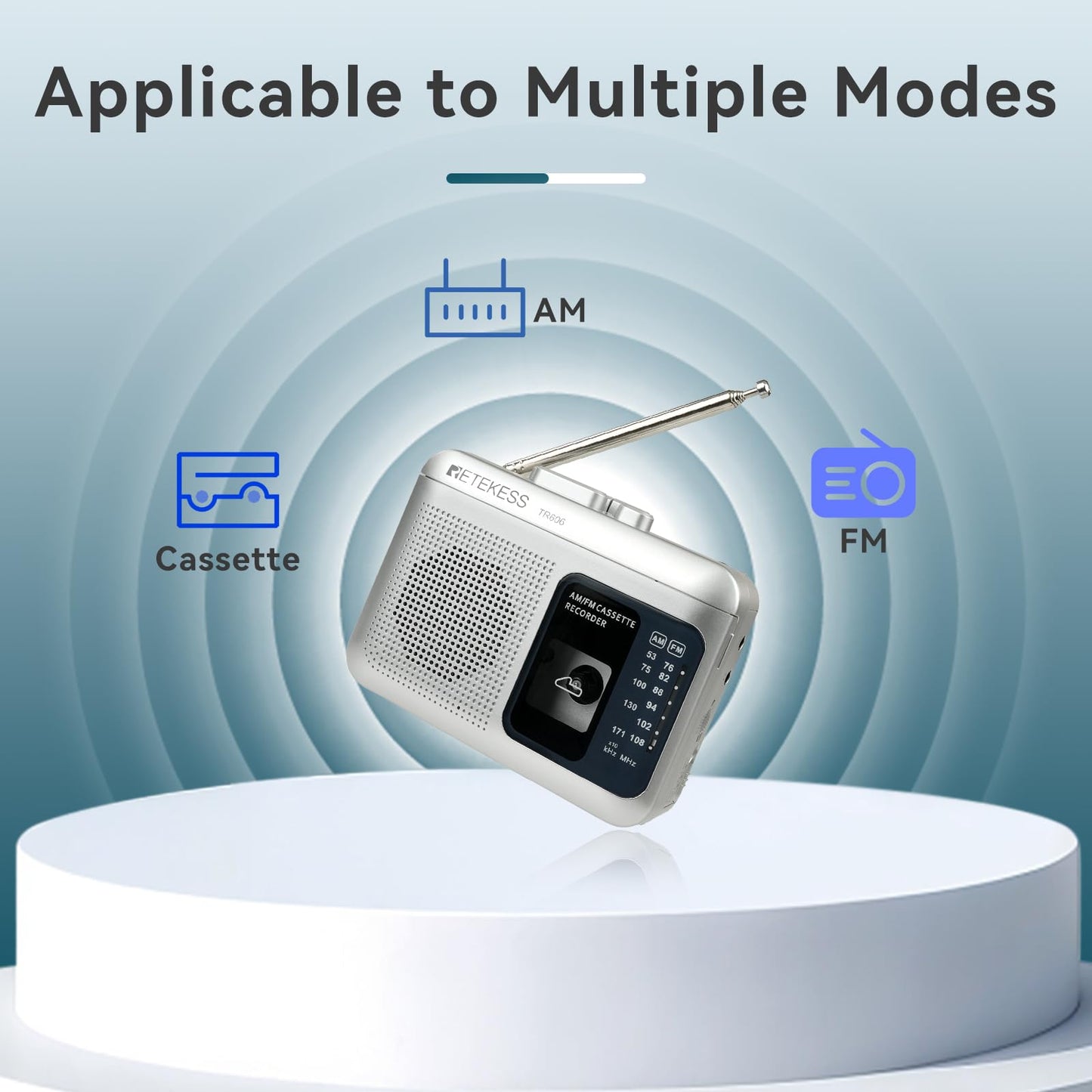 Retekess TR606 Cassette Tape Player, Cassette Player Recorder, Built-in Speaker, AUX/Microphone Jack, Support AUX Line in Record, AM FM Radio, Powered by DC or AA Battery (White)