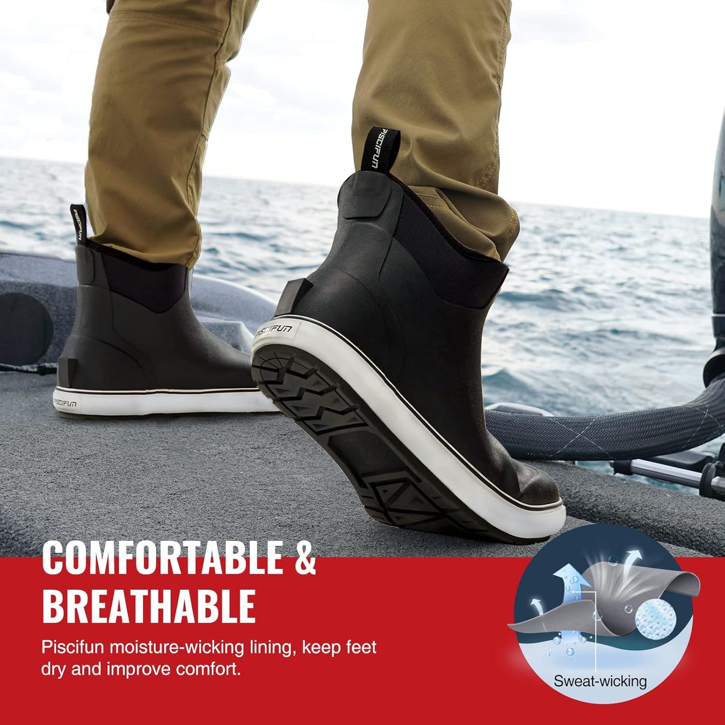 Piscifun Men’ s Deck Boots, Waterproof Fishing Rain Boots, Anti-Slip Rubber Boots with Breathable Neoprene Lining