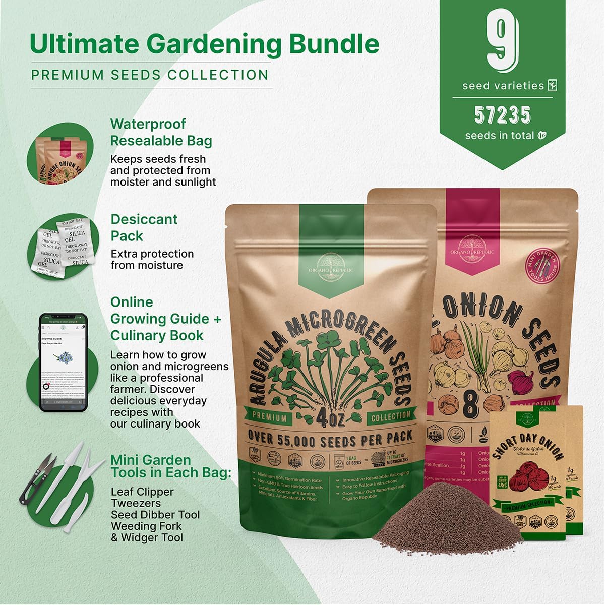 Organo Republic Arugula Sprouting 4 oz and 8 Onions Seeds Variety Pack Bundle, 57,200+ Non-GMO Heirloom Garden Seeds for Planting Microgreens & Onions for Indoor & Outdoor Gardening