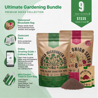 Organo Republic Arugula Sprouting 4 oz and 8 Onions Seeds Variety Pack Bundle, 57,200+ Non-GMO Heirloom Garden Seeds for Planting Microgreens & Onions for Indoor & Outdoor Gardening