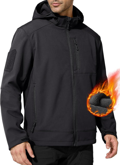 FREE SOLDIER Softshell Jackets for Men Water Resistant Fleece Lined Tactical Hunting Winter Windbreaker with Detachable Hood(Black,2XL)