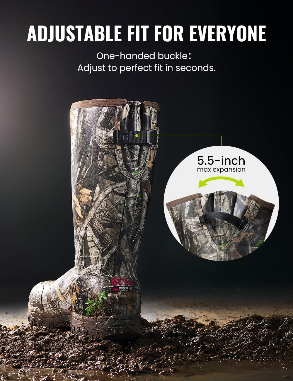 TIDEWE Men's Hunting Boots, Odor-Control Lining, 600g Warmth, Waterproof Insulated Rubber Boots with 5mm Neoprene, Lightweight EVA Outsole, Adjustable Calf Gusset, Slip-Resistant Grip