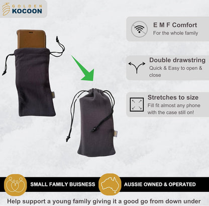 .E-M-F Phone Pouch, with EcoShield™ Bamboo Lyocell Fara-day Silver Fabric- Designed for cell to ring while in pouch - fits with case on - ideal for everyday 5 G, B T, Smart Meter & Wi Fi environments