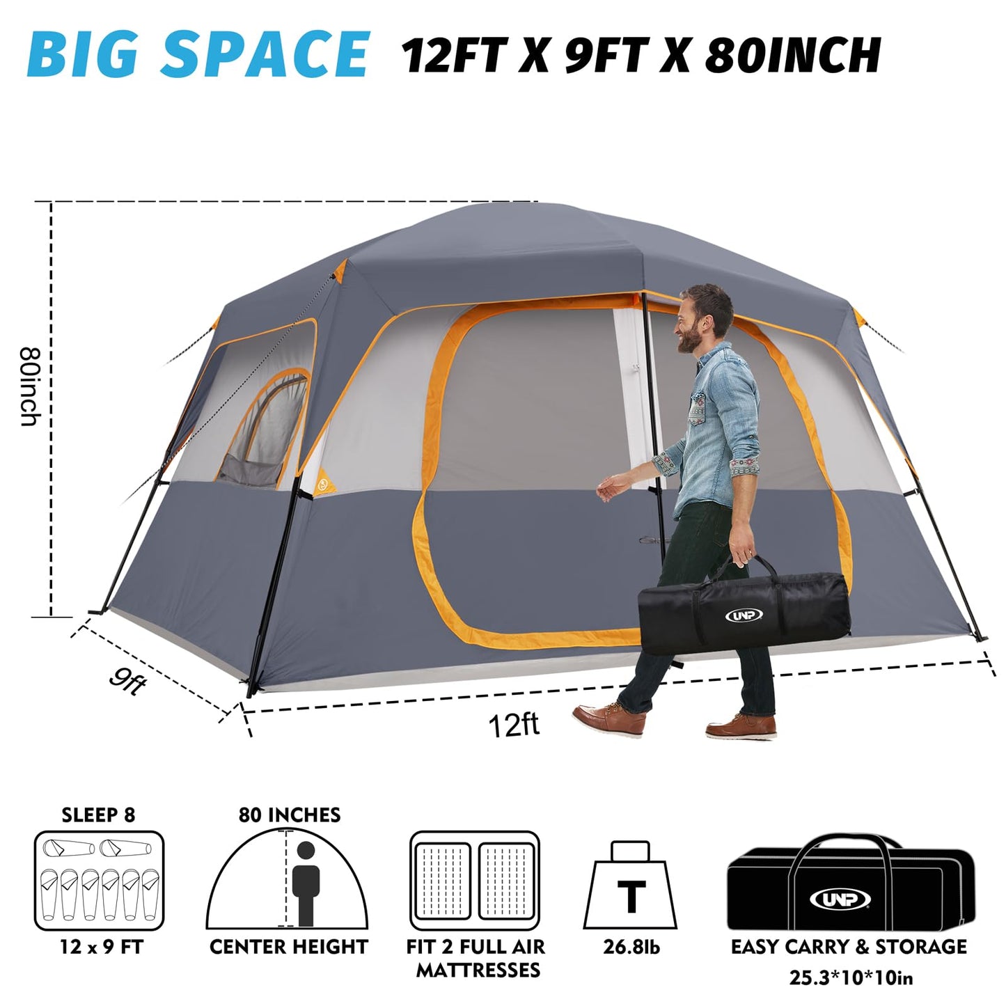 UNP 2/4/6/8 Person Tent, Portable Cabin Tent, Camping Tent 4-Person Easy Set Up, Waterproof with Top Rainfly for Outdoor Camping/Hiking | Easy Set Up, Waterproof, Top Rainfly