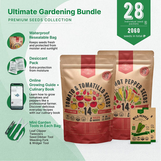 Organo Republic 14 Tomato Seeds and 14 Pepper Seeds Variety Pack Bundle, 2,055+ Non-GMO Heirloom Garden Seeds for Planting Tomatoes and Peppers for Indoor & Outdoor Gardening
