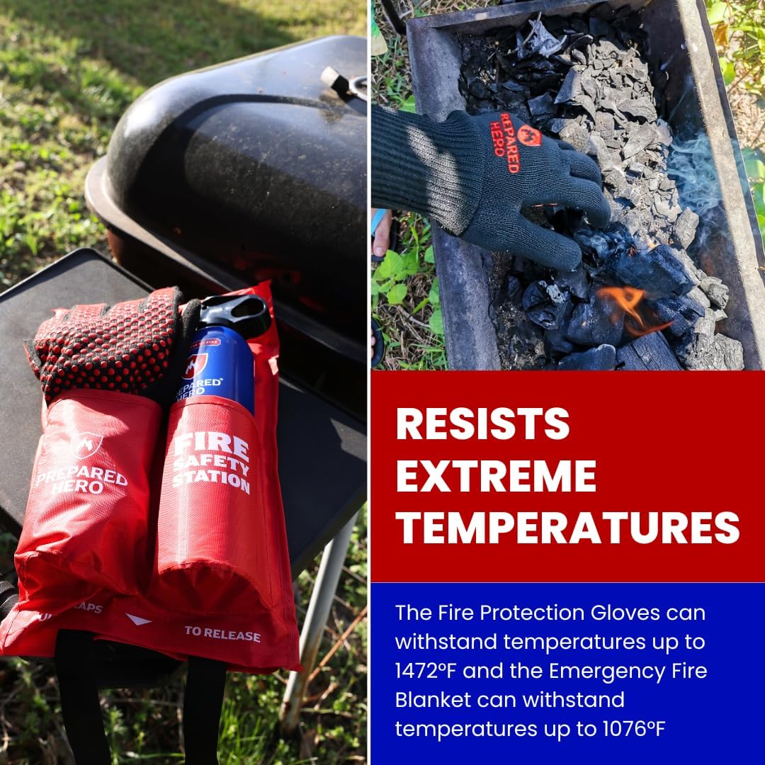 Fire Safety Station by Prepared Hero - Includes The Emergency Fire Blanket, Hero Fire Spray & Heat Resistant Gloves - Fire Extinguisher for Home - Fire Blanket for Home and Kitchen