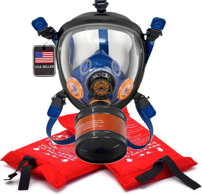 Smoke & Fire Safety Kit - ST-100X Survival Full Face Respirator & Fire Extinguisher Blanket Set - 1 40mm Dual Activated P-D-1 Filter Pod Included