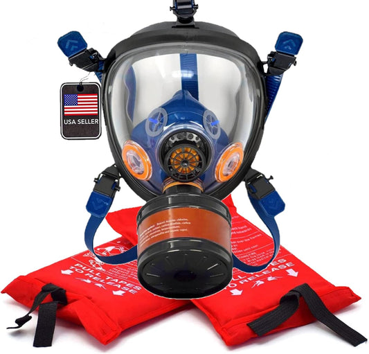 Smoke & Fire Safety Kit - ST-100X Survival Full Face Respirator & Fire Extinguisher Blanket Set - 1 40mm Dual Activated P-D-1 Filter Pod Included