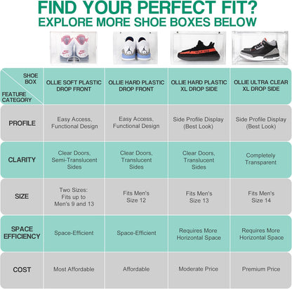 Ollie Drop Front Soft Plastic Shoe Box - Fits Up to Size 9 Mens - Storage Box Organizer, Shoe Organizers and Storage (Black- Medium, Pack of 48)