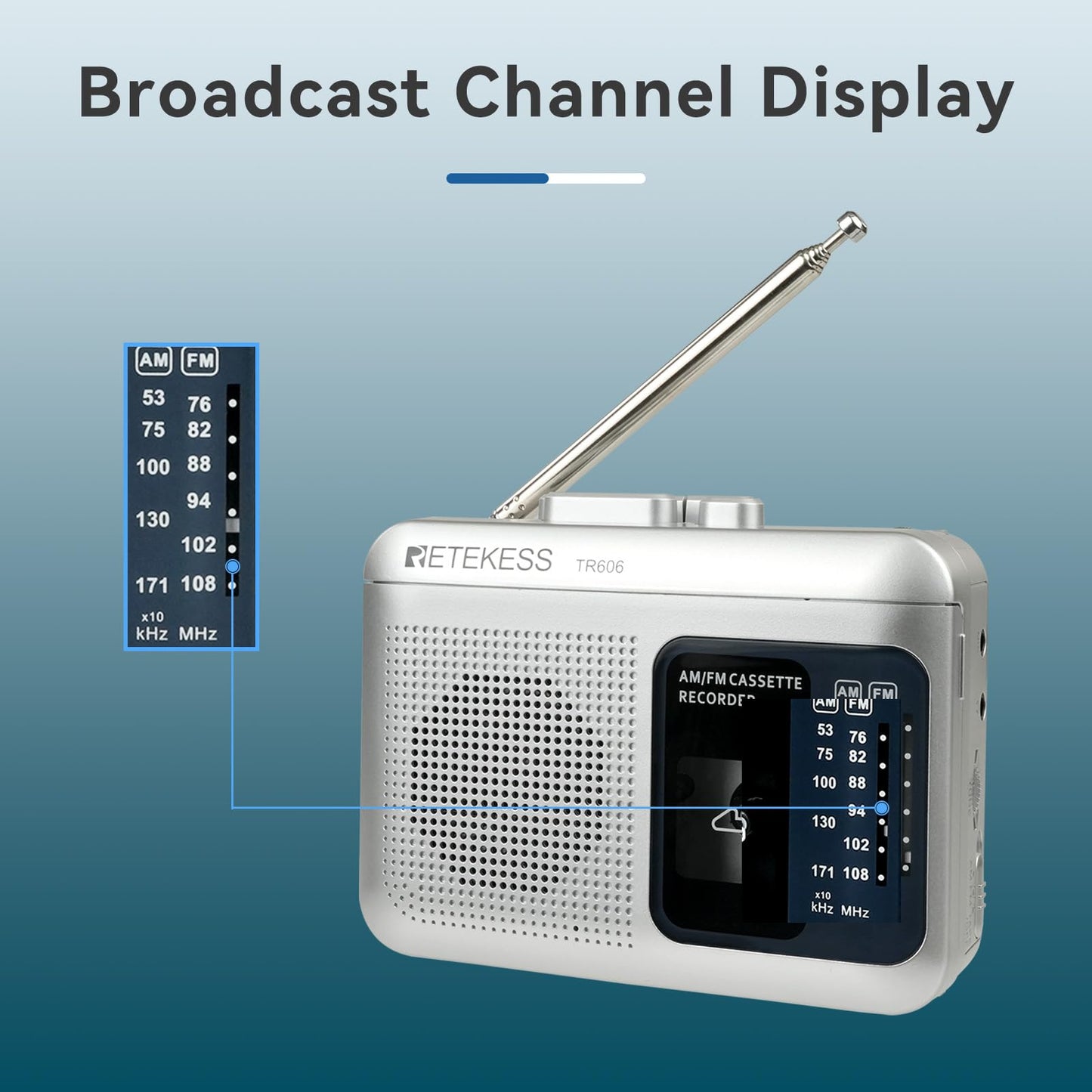 Retekess TR606 Cassette Tape Player, Cassette Player Recorder, Built-in Speaker, AUX/Microphone Jack, Support AUX Line in Record, AM FM Radio, Powered by DC or AA Battery (White)