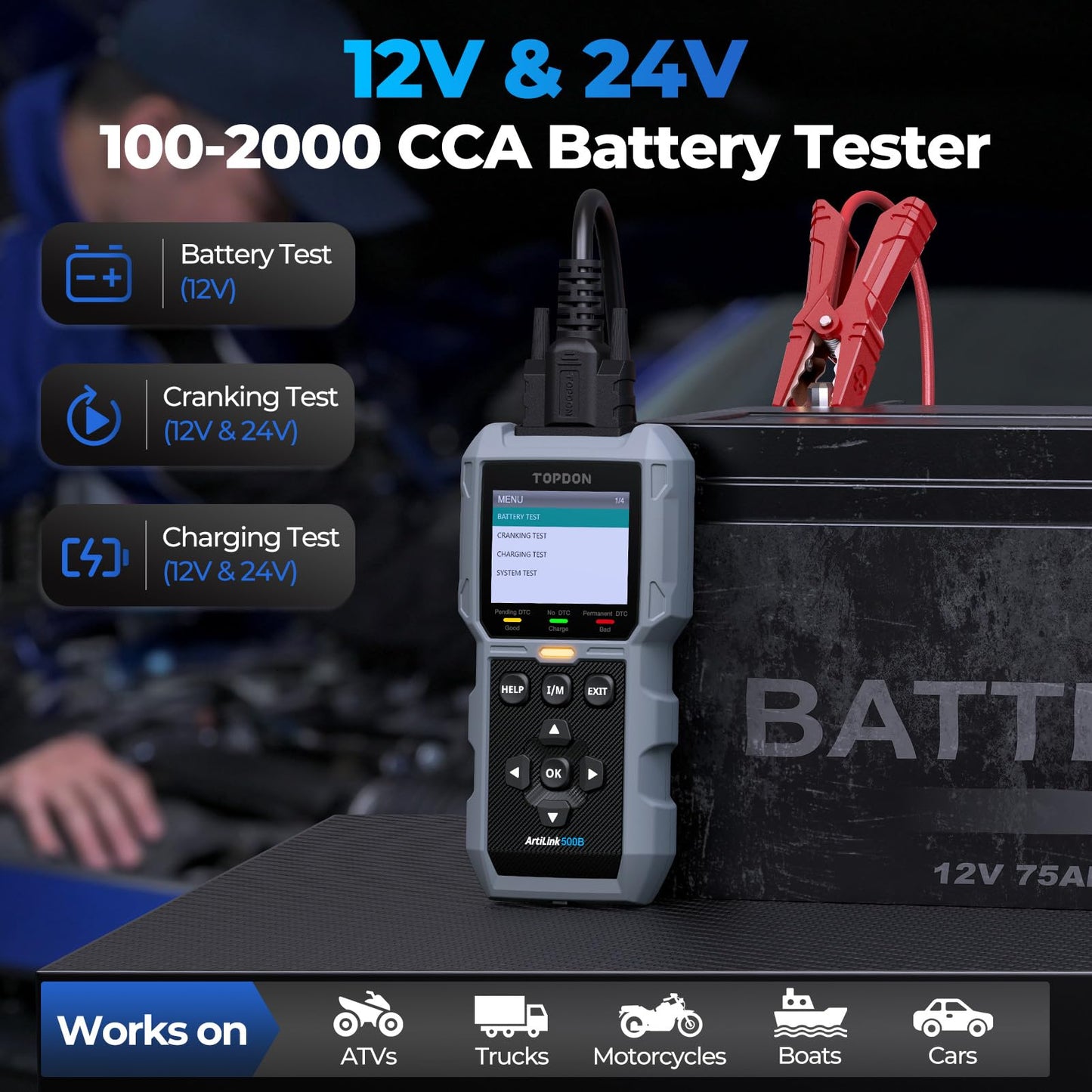 TOPDON AL500B OBD2 Scanner Battery Tester 2 in 1 Code Reader, Full OBDII Diagnosis, 12V Battery Tests & 12V/24V Cranking Tests, Charging Tests, Scan Tool, Car Diagnostic Tool for All OBDII Cars