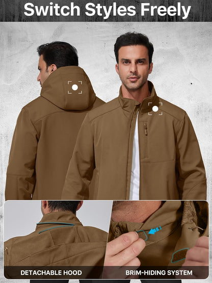 FREE SOLDIER Men's Lightweight Softshell Jacket Winter Fleece Lined Hooded Rain Waterproof Hiking Outdoor Jackets (Brown,L)