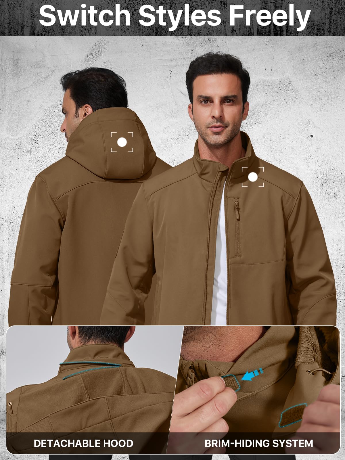 FREE SOLDIER Men's Lightweight Softshell Jacket Winter Fleece Lined Hooded Rain Waterproof Hiking Outdoor Jackets