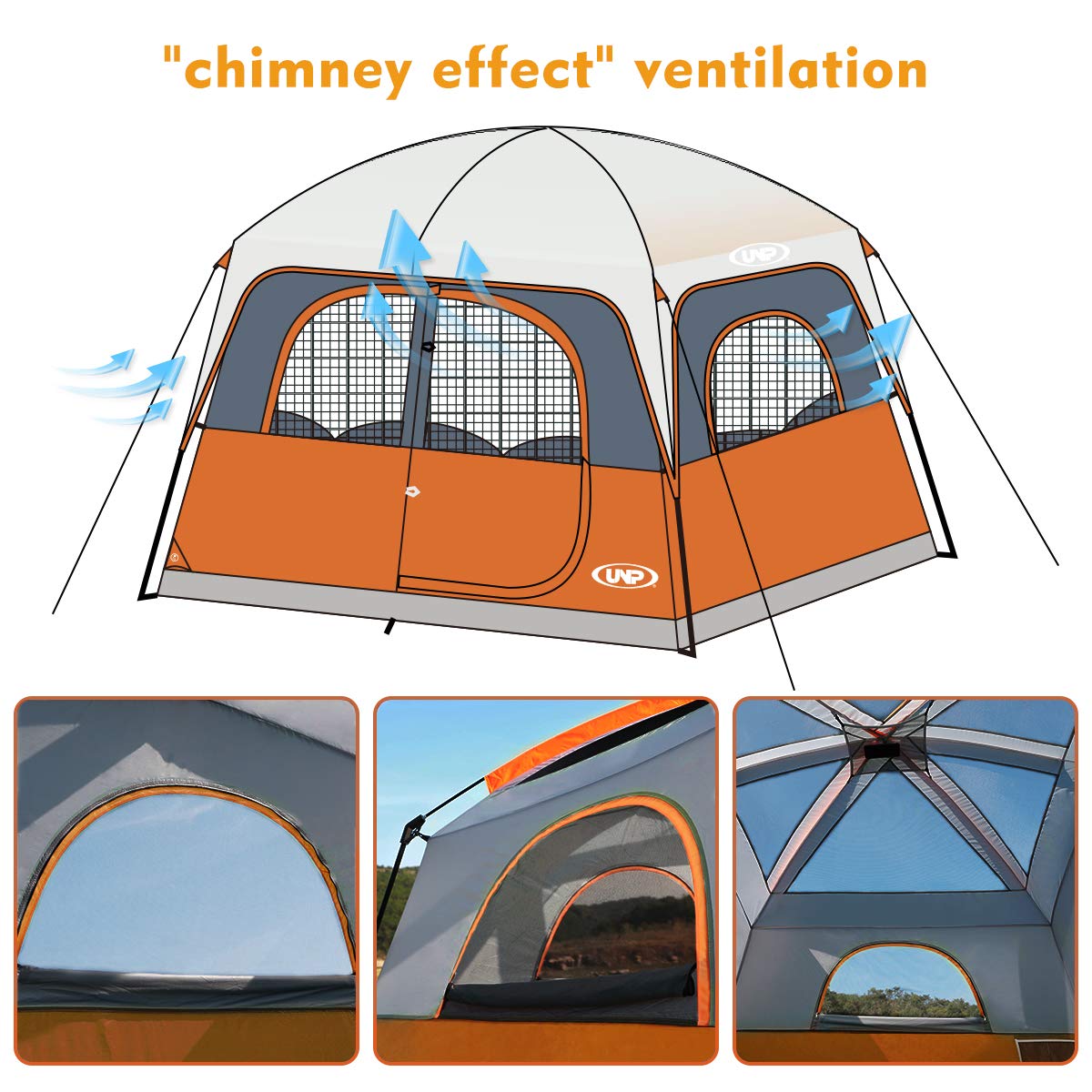 UNP Tents 6 Person Waterproof Windproof Easy Setup,Double Layer Family Camping Tent with 1 Mesh Door & 5 Large Mesh Windows -10'X9'X78in(H)