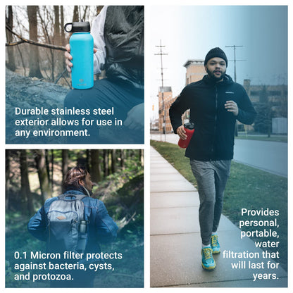 Uzima - Z-Source Filtered Water Bottle for Hiking, Backpacking, Camping, and Travel. Large 32oz Capacity with Double-Walled Stainless Steel Exterior.