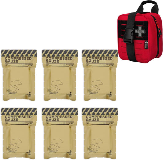 RHINO RESCUE Sterile Compressed Gauze for Emergency Wound Dressing+IFAK Trauma Kit with C-A-T Tourniquet for Wound Care (BSC, Red)