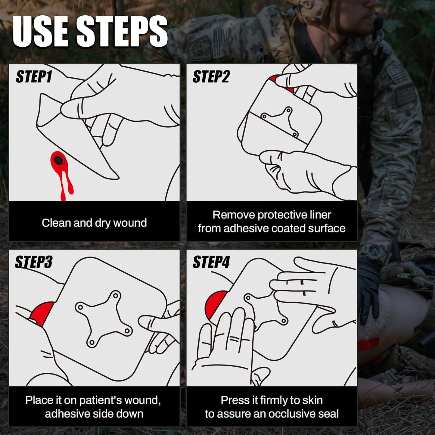 RHINO RESCUE Bundle-Vented Chest Seal, 4 Vents, Sterile Emergency Trauma Dressing, Occlusive Adhesive Pad+Sterile Compressed Gauze for Emergency Wound Dressing, FSA HSA Eligible