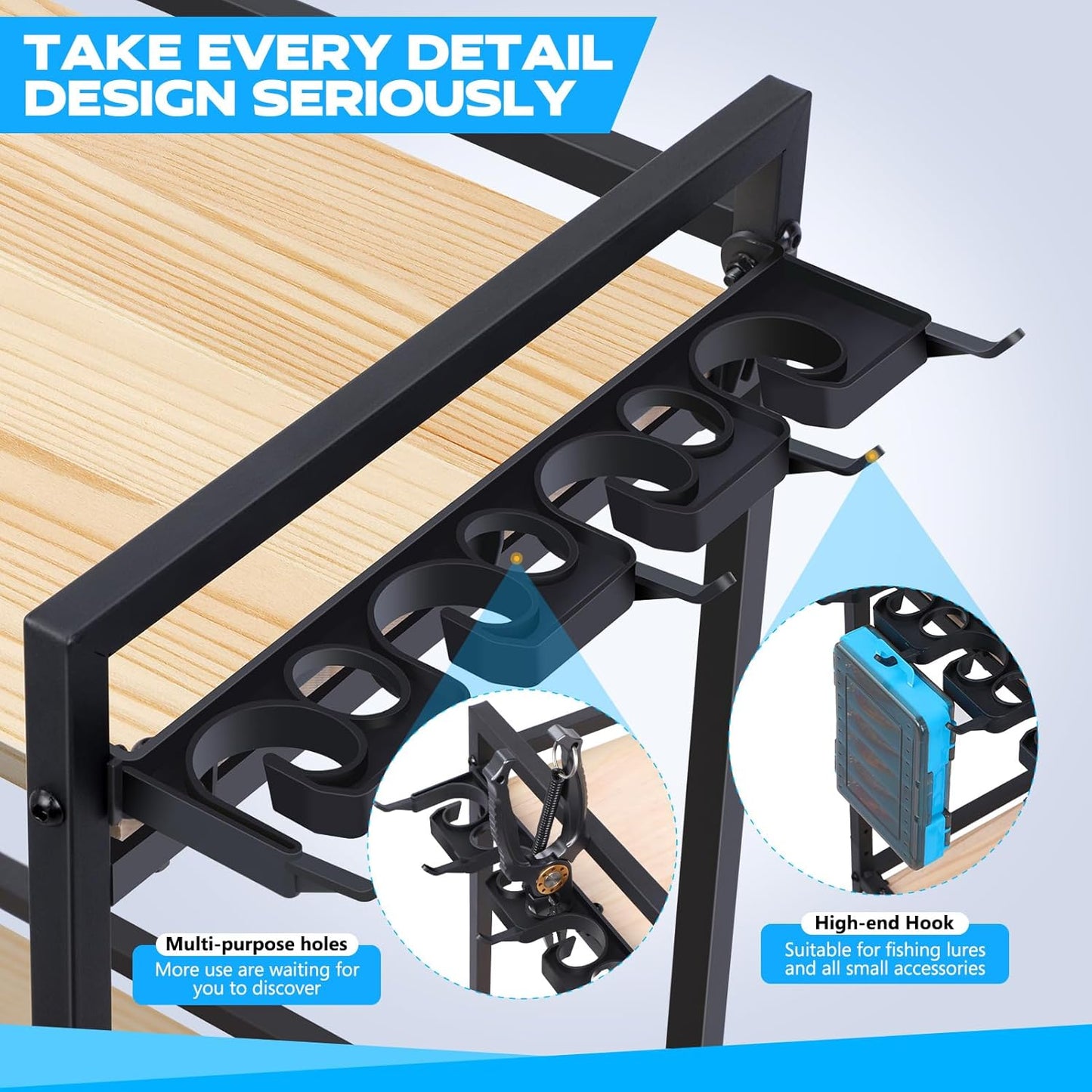 PLUSINNO 3 Tier Fishing Rod Holder, Fishing Pole Holders for Garage, Fishing Rod Rack Fishing Rod Storage Up to 8 Rods, Fishing Gear Tackle Box Fishing Equipment Organizers, Fishing Gifts for Men