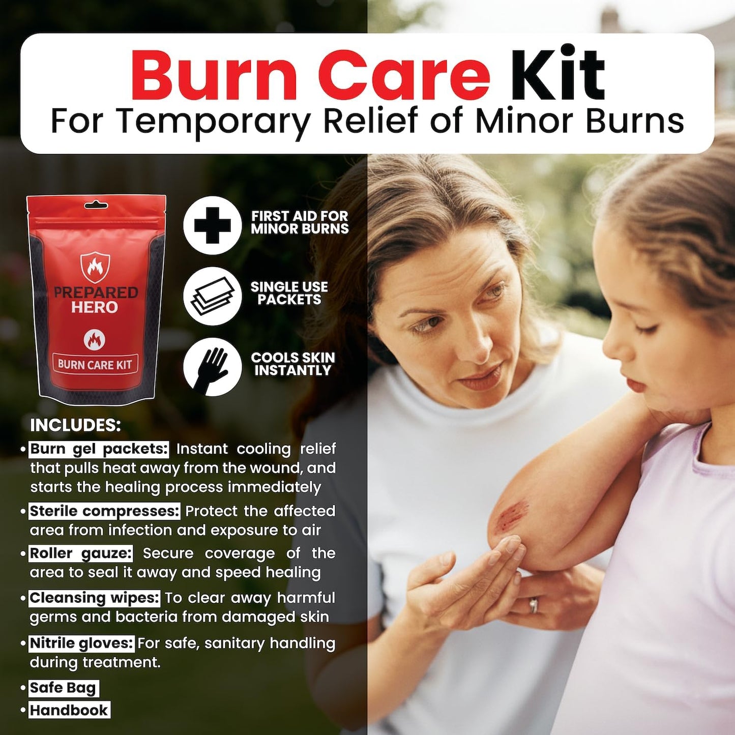 Prepared Hero Burn Care Kit - Compact Burn Treatment & Relief Kit with Burn Gel, Gauze, Compresses & Wipes, Waterproof Pouch for Minor Burn First Aid at Home, Travel, Outdoor & Workplace Safety