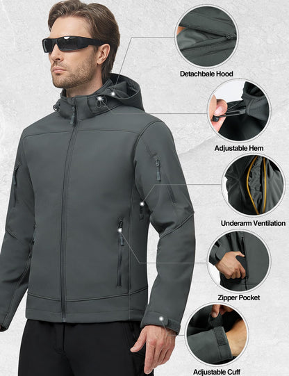 FREE SOLDIER Men's Softshell Hiking Jacket Waterproof Hooded Tactical Hunting Jacket