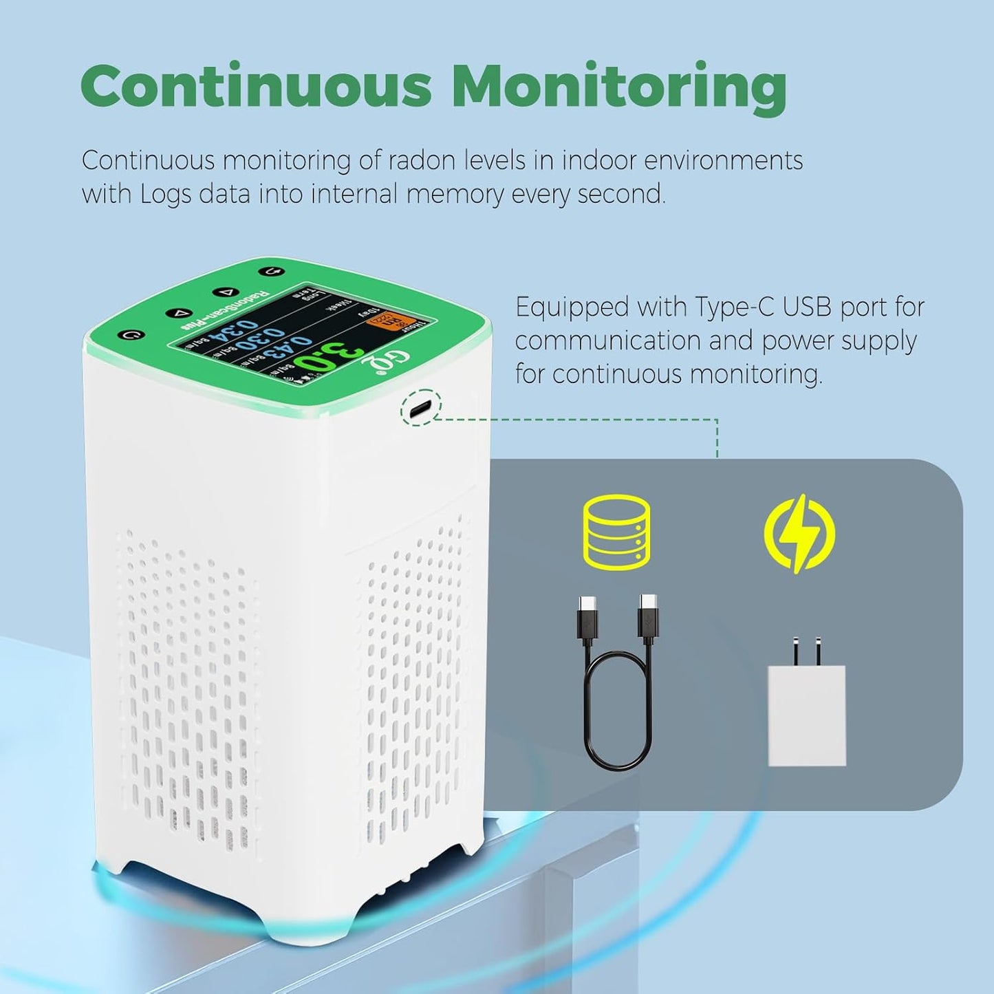 Remote Monitoring GQ RadonScan-Plus Radon Gas Digital Detector Worldwide Fast Accurate Detection Simple Big Display USA Product Real-time Data App Online Data Logging & Sharing