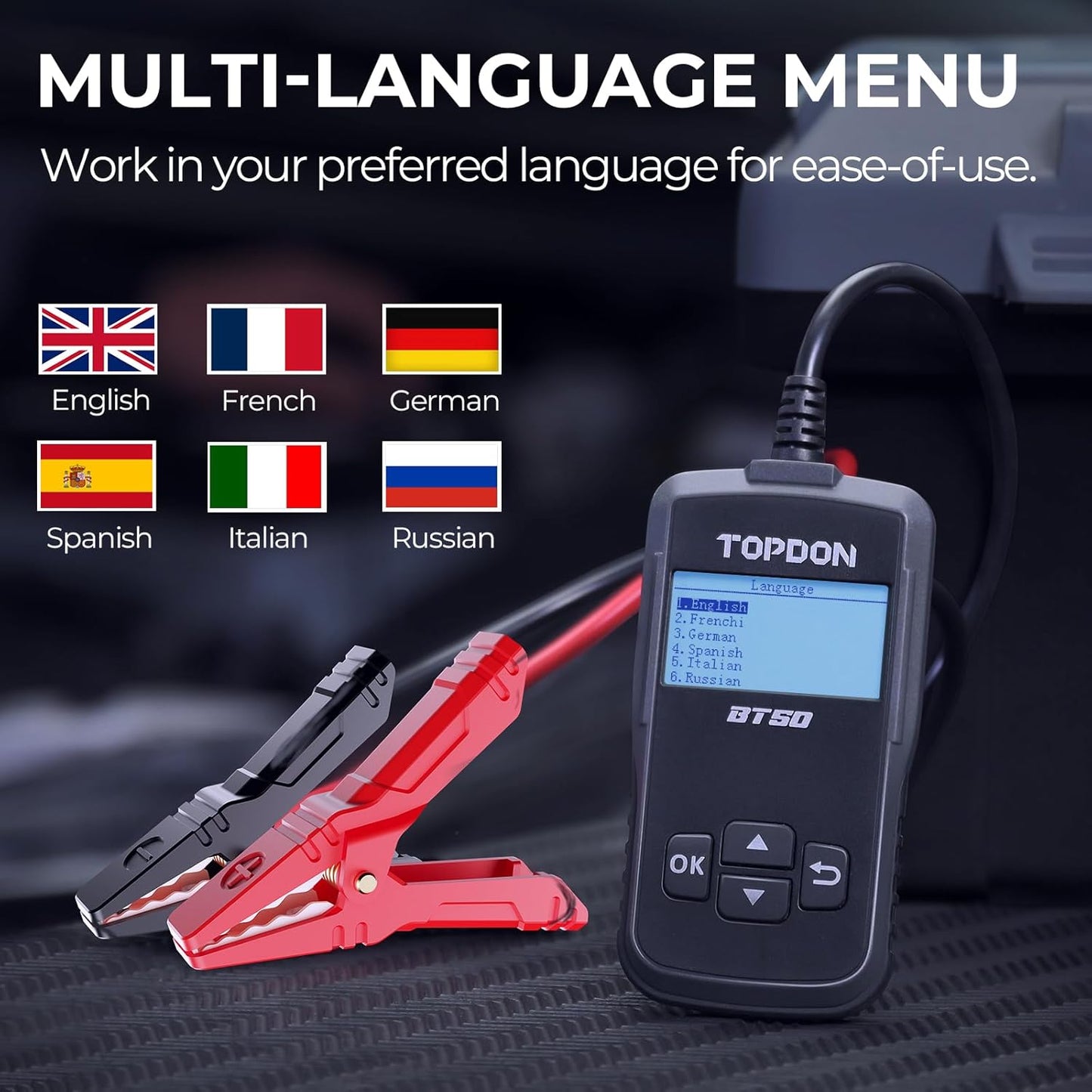 Car Battery Tester TOPDON BT50, 12V Battery Load Tester, 100-2000 CCA Automotive Alternator Tester Digital Battery Analyzer Charging Cranking System for Car Truck Motorcycle ATV SUV Boat Yacht