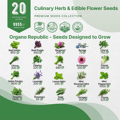 25 Most Popular Herb Seeds Variety Pack - 11,700 Non-GMO Heirloom Seeds for Planting Herbs in Individual Seed Packets for Hydroponic, Indoor & Outdoor Gardening