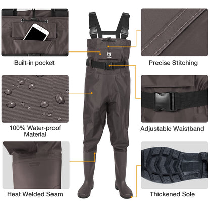 TIDEWE Bootfoot Chest Wader, 2-Ply Nylon/PVC Waterproof Fishing Hunting Waders with Boot Hanger for Men Women Green Brown
