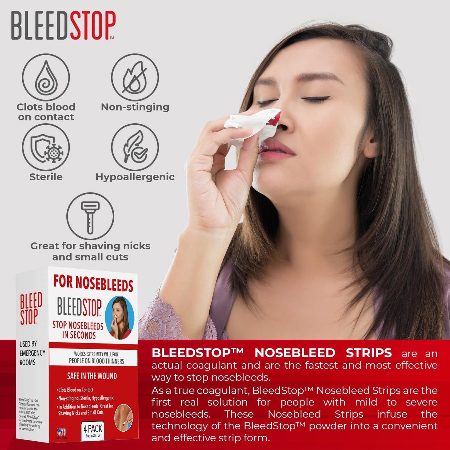 BleedStop™ First Aid Powder and Strip for Blood Clotting, Trauma Kit, Blood Thinner Patients, Camping Safety, and Survival Equipment for Moderate to Severe Bleeding Wounds or Nosebleeds