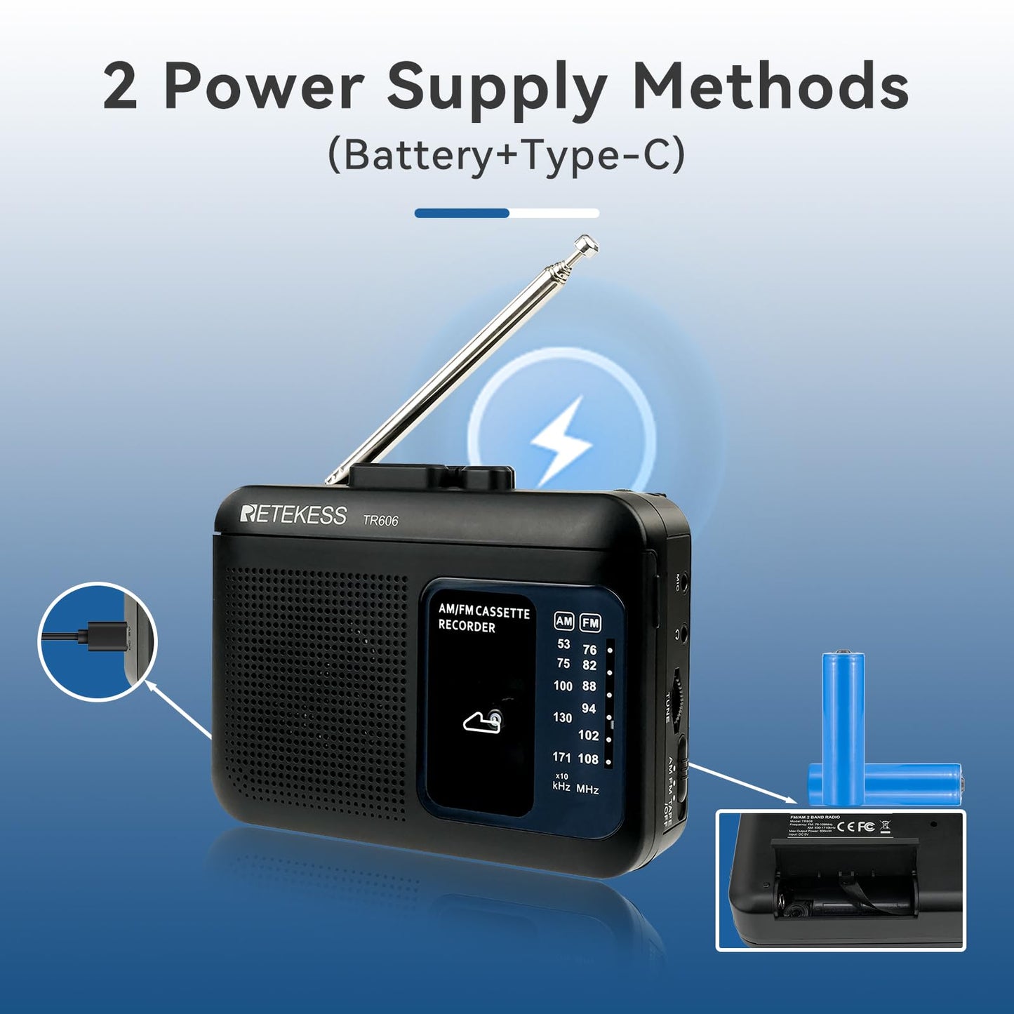 Retekess TR606 Cassette Tape Player, Cassette Player Recorder, Built-in Speaker, AUX/Microphone Jack, Support AUX Line in Record, AM FM Radio, Powered by DC or AA Battery (White)