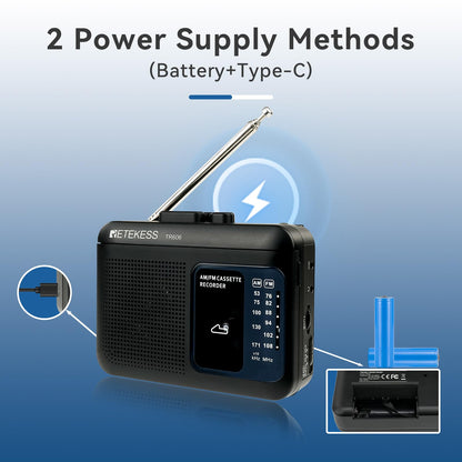 Retekess TR606 Cassette Tape Player, Cassette Player Recorder, Built-in Speaker, AUX/Microphone Jack, Support AUX Line in Record, AM FM Radio, Powered by DC or AA Battery (White)