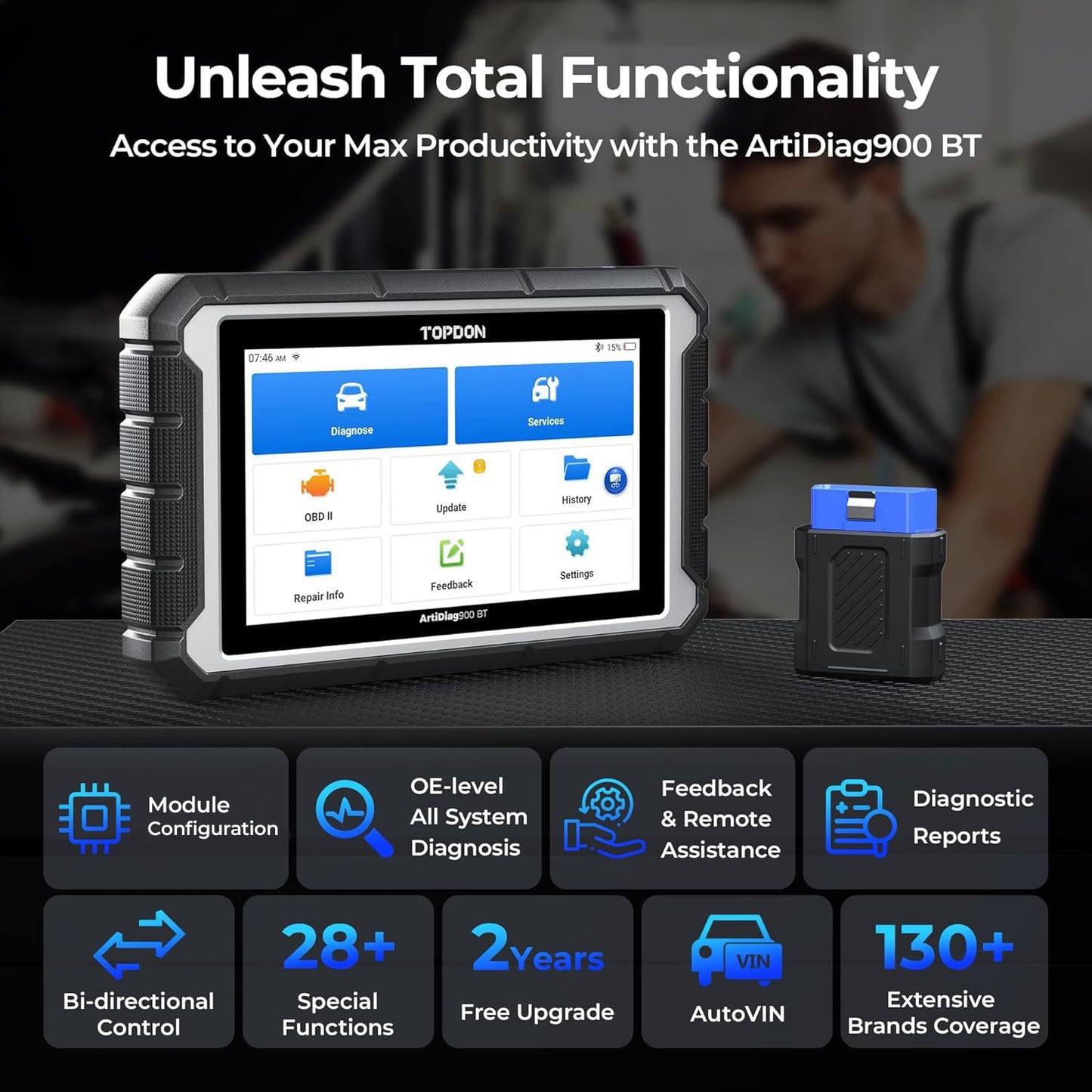 OBD2 Scanner Diagnostic Tool, TOPDON AD900BT Bidirectional Scan Tool with ECU C0ding, 28+ Services, Automotive All Systems Diagnosis Scanner for Car with 2 Years Updates, Active Test