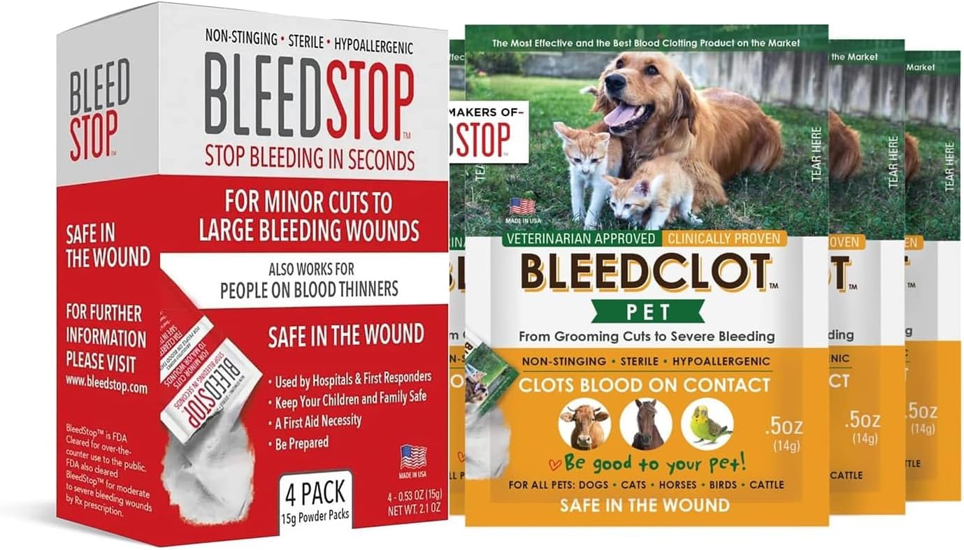 BleedStop™ First Aid Powder for Blood Clotting (4x15g, Pouches) and BleedClot Pet First Aid Powder (4x0.5oz, Pouches)