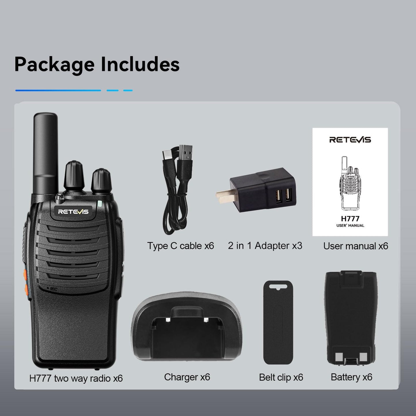 Case of 6,Retevis H-777 Walkie Talkies for Adults Long Range, Rechargeable Two-Way Radios,with 6-Way Multi Unit Charger,Flashlight Handheld Business 2 Way Radios