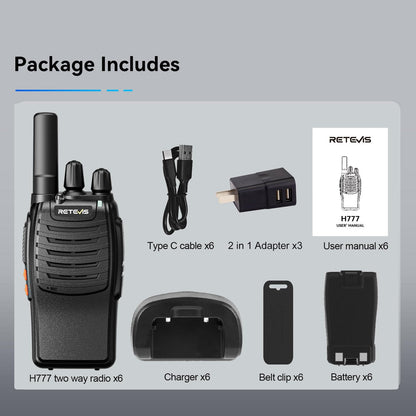 Case of 6,Retevis H-777 Walkie Talkies for Adults Long Range, Rechargeable Two-Way Radios,with 6-Way Multi Unit Charger,Flashlight Handheld Business 2 Way Radios