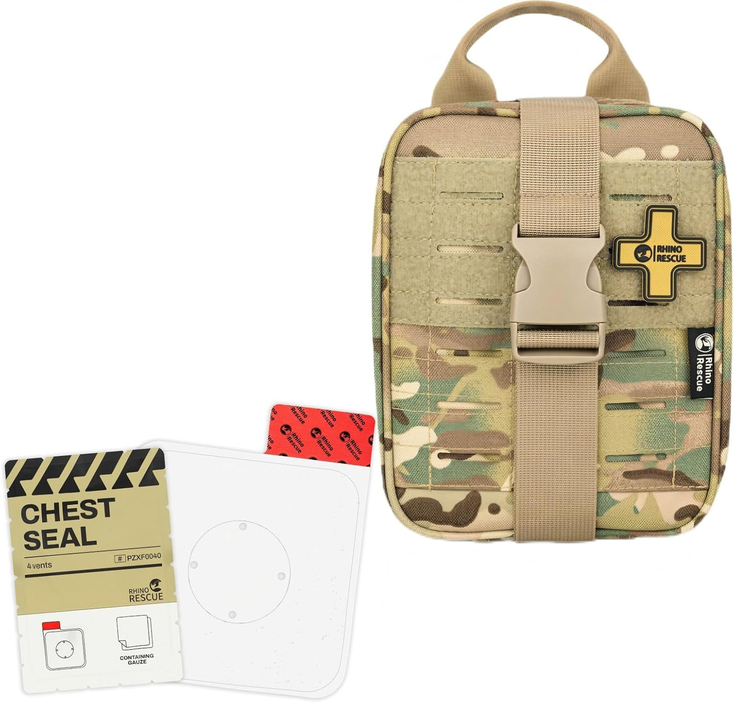 Rhino RESUE Bundle-Vented Chest Seal, 4 Vents, Sterile Emergency Trauma Dressing, Occlusive Adhesive Pad+Trauma Kit with C-A-T Tourniquet, Tactical First Aid Kit Molle Pouch for Military