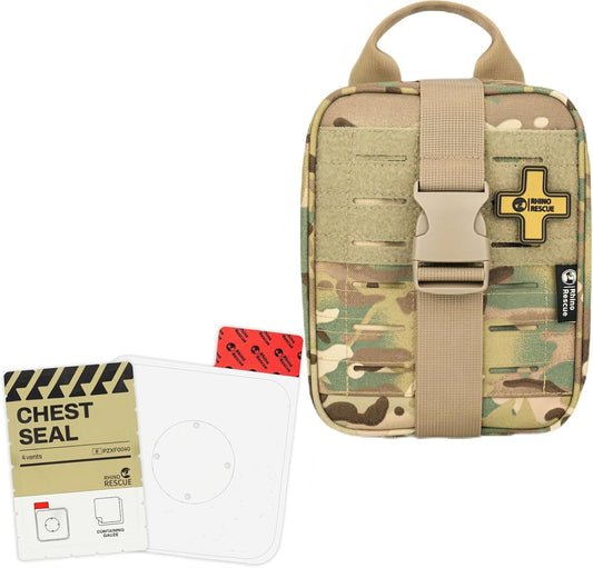 Rhino RESUE Bundle-Vented Chest Seal, 4 Vents, Sterile Emergency Trauma Dressing, Occlusive Adhesive Pad+Trauma Kit with C-A-T Tourniquet, Tactical First Aid Kit Molle Pouch for Military
