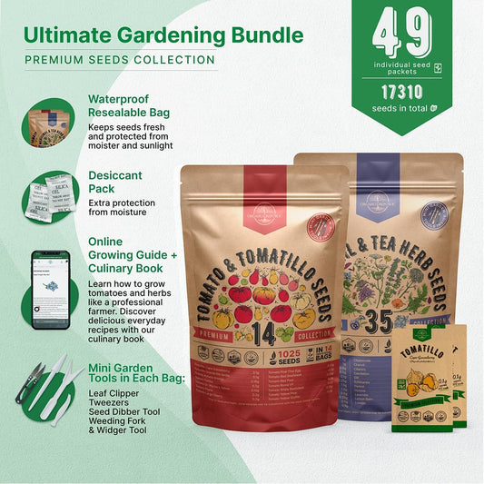 Organo Republic 14 Tomato and 35 Medicinal & Tea Herb Seeds Variety Pack Bundle, 17,360+ Non-GMO Heirloom Garden Seeds for Planting Herbs and Tomatoes for Indoor & Outdoor Gardening