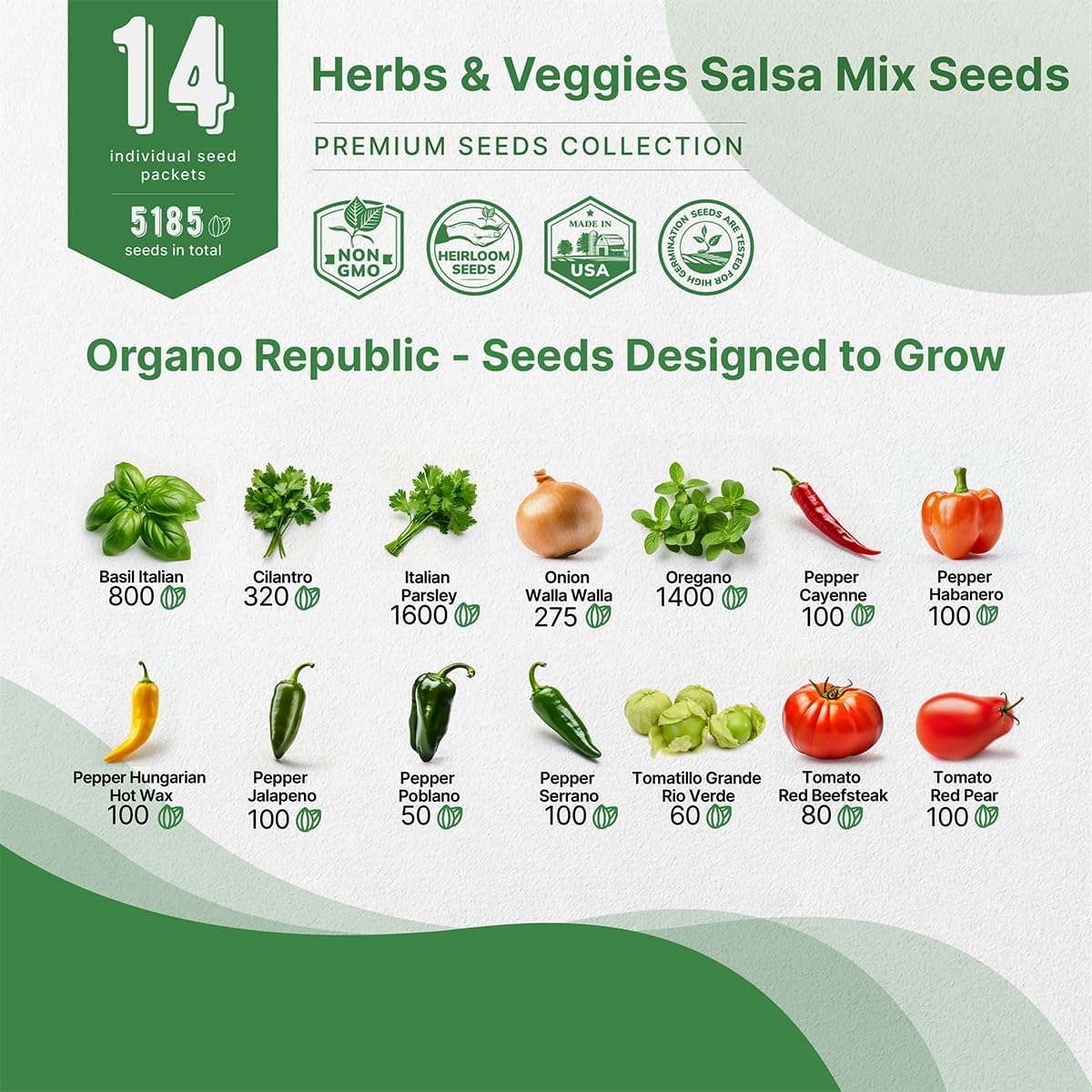 Organo Republic 14 Herb, Tomato & Chili Pepper Gardening Seeds Salsa Variety Pack for Outdoors & Indoor Garden 5180+ Non-GMO Heirloom Seeds Cilantro, Basil, Oregano, Parsley, Onion, Pepper Tomato Seed