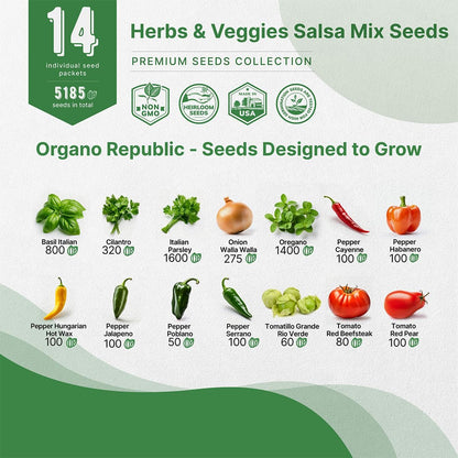 Organo Republic 14 Herb, Tomato & Chili Pepper Gardening Seeds Salsa Variety Pack for Outdoors & Indoor Garden 5180+ Non-GMO Heirloom Seeds Cilantro, Basil, Oregano, Parsley, Onion, Pepper Tomato Seed