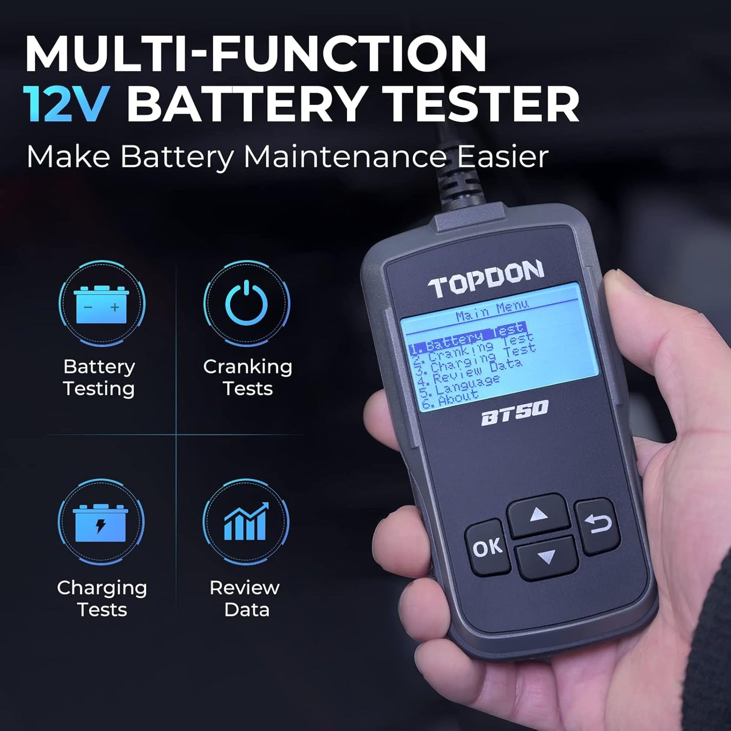 Car Battery Tester TOPDON BT50, 12V Battery Load Tester, 100-2000 CCA Automotive Alternator Tester Digital Battery Analyzer Charging Cranking System for Car Truck Motorcycle ATV SUV Boat Yacht