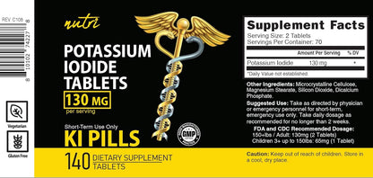 Potassium Iodide Tablets 130 mg - (60 Tablets) 10 Year Shelf-Life EXP 2034 to 2035 - Ki Pills - Yoduro de potasio - Nutri Supplements - 3rd Party Tested - NSF cGMP Certified Facility - Shelf Stable