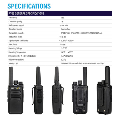 Retevis RT68 Walkie Talkies Rechargeable, Portable Two Way Radios 6 Pack with Six-Way Multi Gang Charger, Heavy Duty Walkie Talkie for Adults, Hands Free, Long Range, for School Restaurant Farm