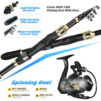 PLUSINNO Fishing Backpack with Fishing Rod and Reel Combos Tackle Boxes, Waterproof Tackle Backpack for Fishing Gear with Rod Holder, Fishing Gifts for Men with Fishing Tool Kit...