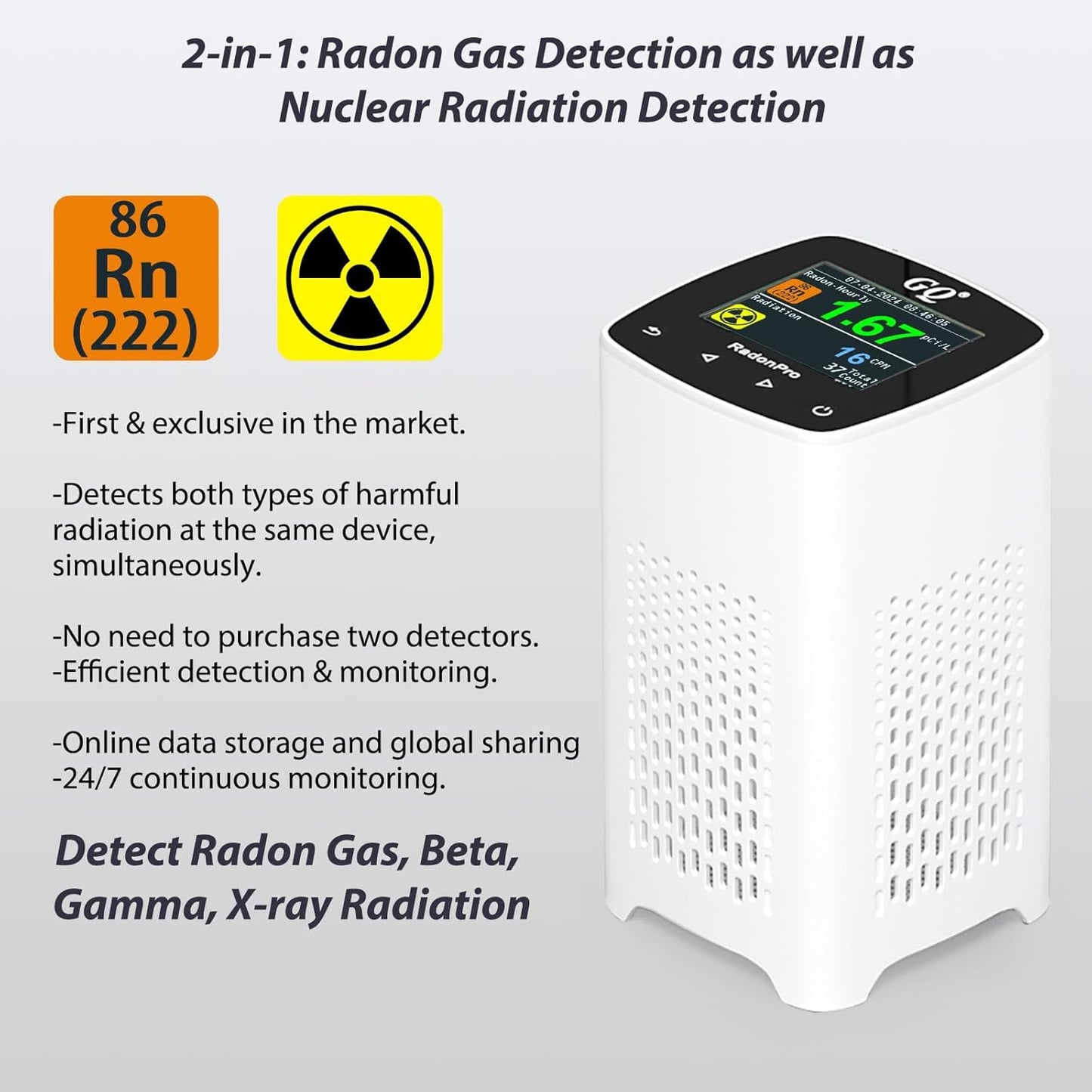GQ Radon Detector Radon Pro 2-in-1 Radon Monitor Nuclear Radiation Detector Geiger Counter simultaneously Detection Fast Accurate Color Simple Display Made in USA