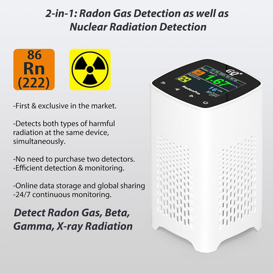 GQ Radon Detector Radon Pro 2-in-1 Radon Monitor Nuclear Radiation Detector Geiger Counter simultaneously Detection Fast Accurate Color Simple Display Made in USA