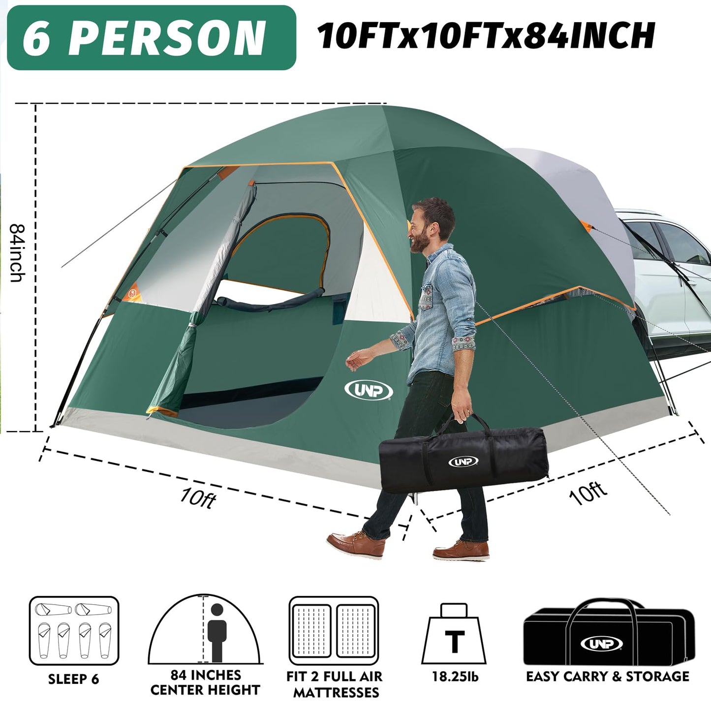 UNP SUV Dome Tent for Camping, Outdoor 6 Person Car Camping Tent, Easy Set Up SUV Tailgate Tent with Rainfly 10' x 10' Vehicle Camping Tent | for Camping, Outdoor, Car Camping Tent, Easy Set Up, SUV Tailgate Tent, with Rainfly