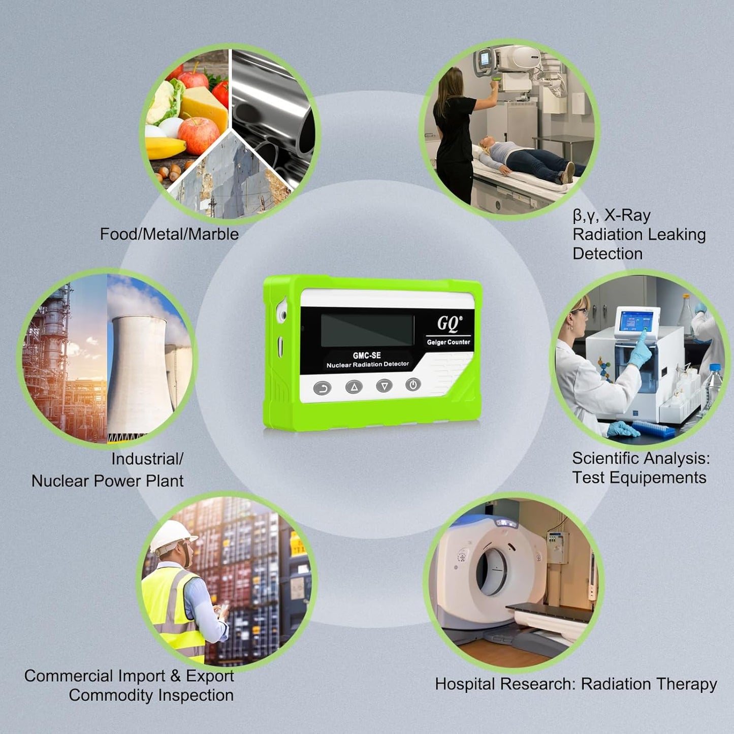 GQ GMC-SE Geiger Counter Radiation Detector Beta Gamma X-ray Portable Radiation Monitor Meter Digital Nuclear Radiation Dosimeter, Automatic Data Recording Device, Drop-Proof Silicone Case (Green)