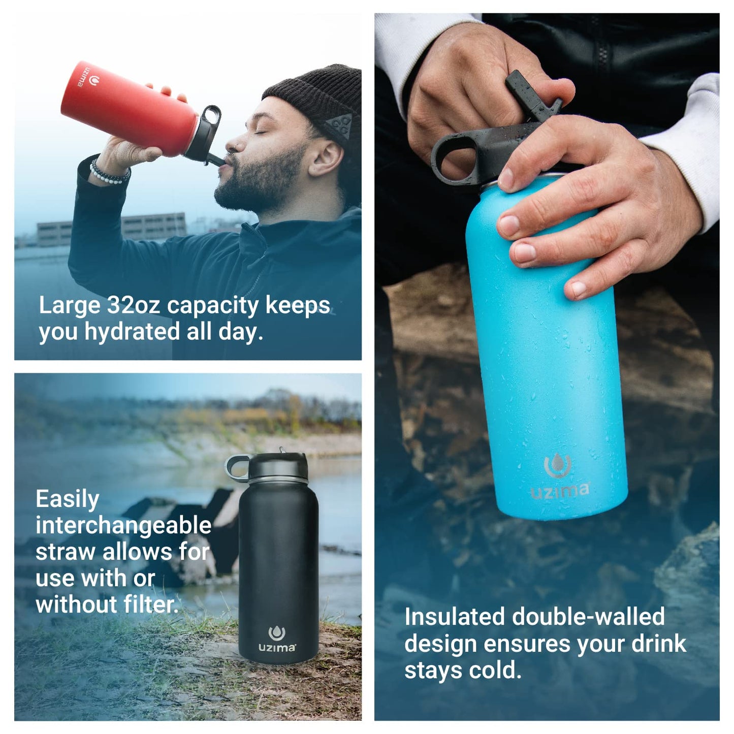 Uzima - Z-Source Filtered Water Bottle for Hiking, Backpacking, Camping, and Travel. Large 32oz Capacity with Double-Walled Stainless Steel Exterior.
