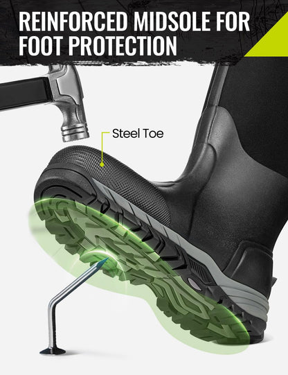 TIDEWE Work Boots Puncture-Proof with Steel Toe & Shank, Waterproof Anti Slip Rubber Boots for men, 6mm Neoprene Outdoor Boots, Durable Hunting Boots for Manufacturing, Construction, Farming(Black,Size 7-13)